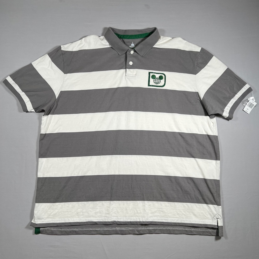 Disney Parks Mens XXL Epcot Polo Shirt Grey White Striped Mickey Mouse NWT